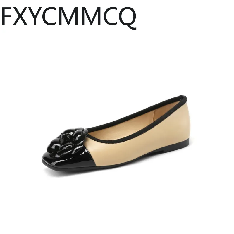 

FXYCMMCQ Europe and The United States New Small Fragrant Wind Square Head Camellia Fashion Soft Sole Women Flat Shoes D08