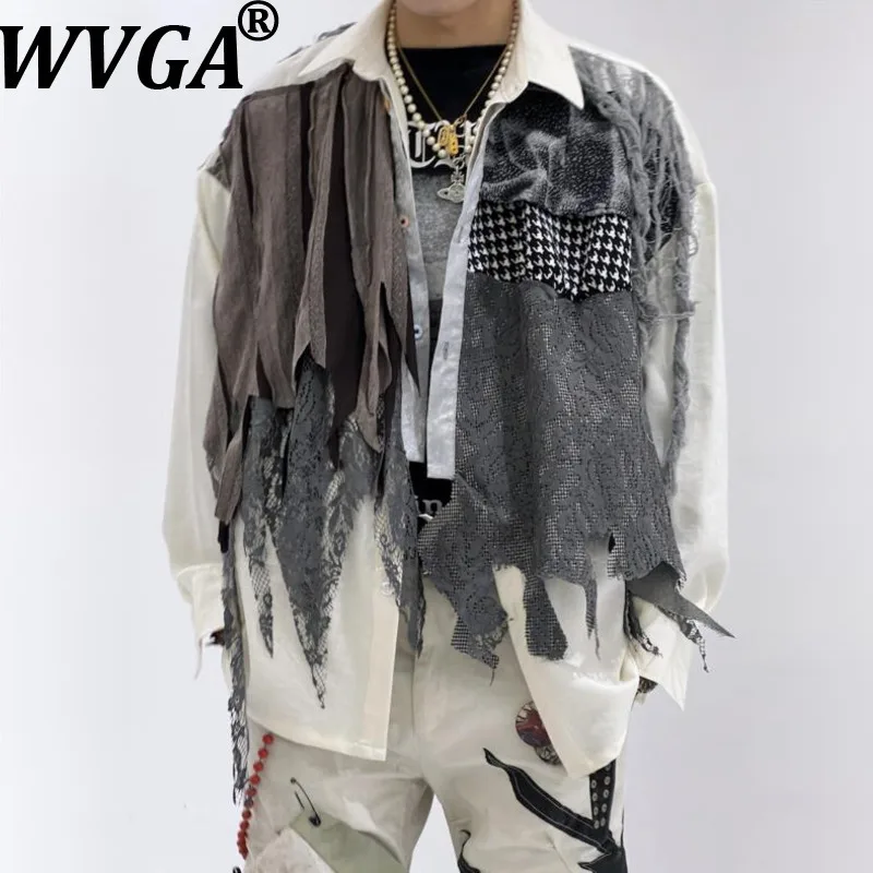 WVGA Autumn Winter New Men Tide Retro Color-Block Plaid Collar Long Sleeved Shirt Niche Chic Casual Turn-Down Collar Tops W15623