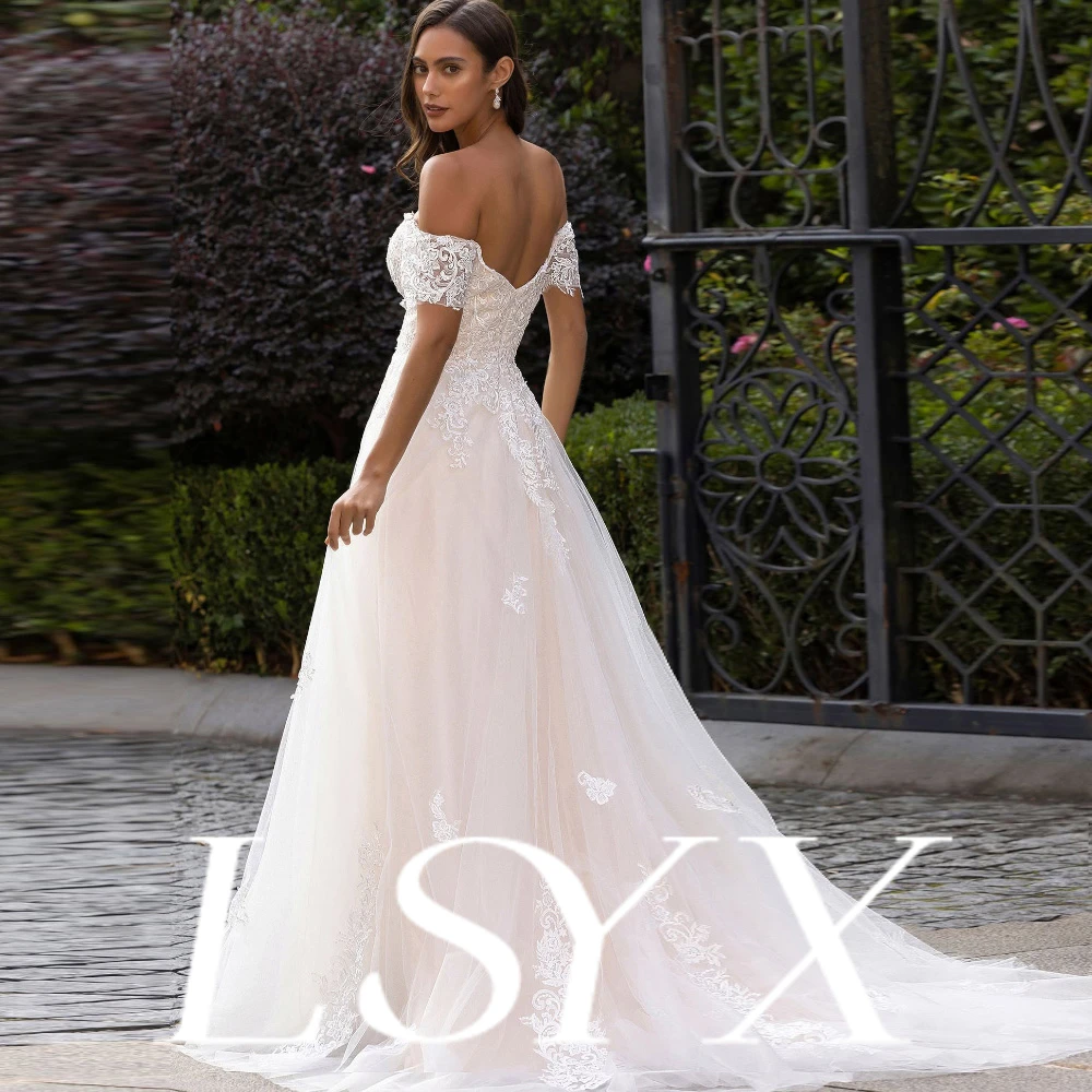 

LSYX Customized OffShoulder ShortLaceSleeve Tulle BallGown WeddingDress LaceAppliques Sweetheart Neckline FloorLength BridalGown