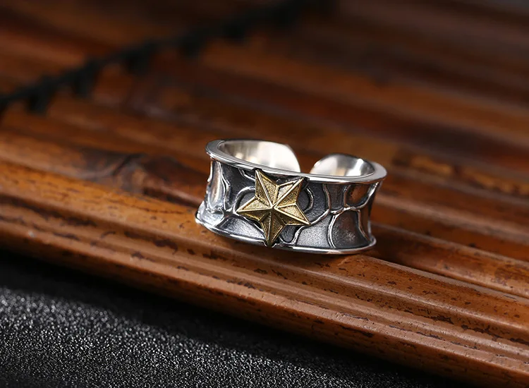 S925 Sterling Silver Men's Personalized Retro Five Point Star Open Ring Trendy Punk Set Bronze Star Edible Ring