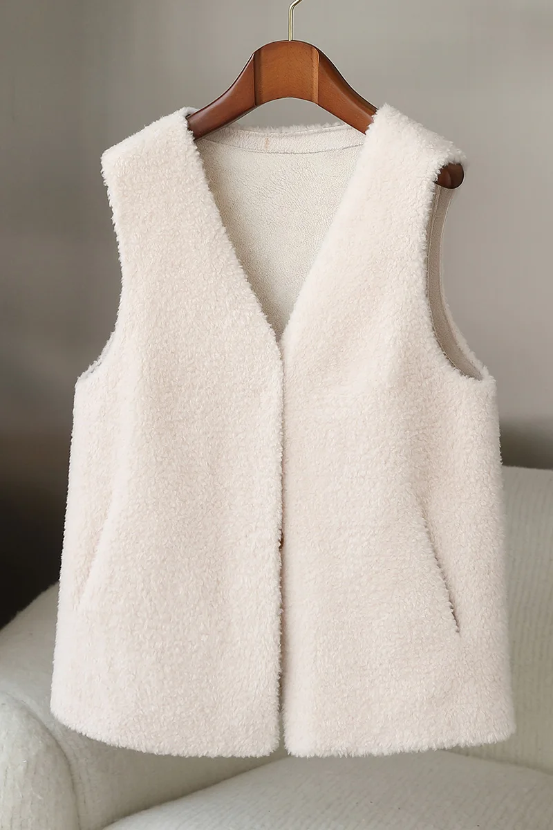 Gilet chaud en fourrure d'agneau naturelle pour femme, haut sans manches, col en v, véritable fourrure de mouton, collection automne et hiver 2022