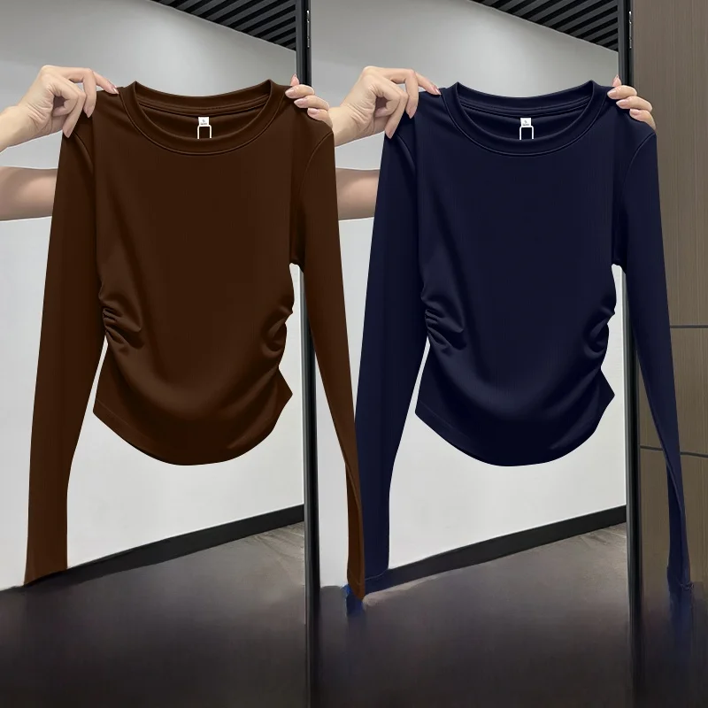 

Casual Sle Women's Long Sve T-irt Waist-Cinching Ruffle Hem Teaded Base irt Top for Commuting in Autumn Season