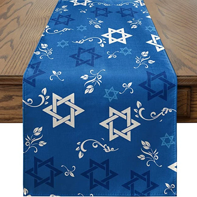 Blue Hexagon Passover Table Runner, Jewish Menorah Hanukkah Holiday Kitchen Table Decoration Home Party Decoration