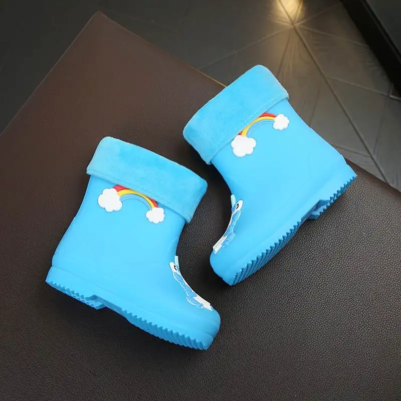 New Kids Rain Boots For Girls Rubber Rainboot Boys Baby Girls PVC Warm Children Waterproof Shoes Modis Cartoon Unicorn Removable