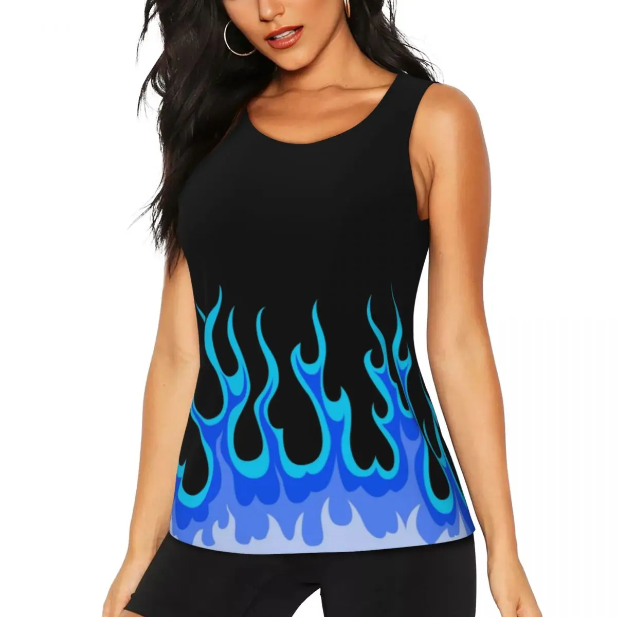 

Custom Women Blue Hot Fire Racing Flames Workout Yoga Shirts Sleeveless Athletic Running Tank Tops