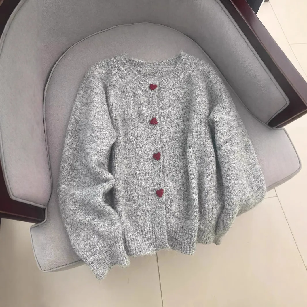Love Button Sweater Jacket for Women 2025 Autumn New Loose Round Neck Knitted Cardigan Top