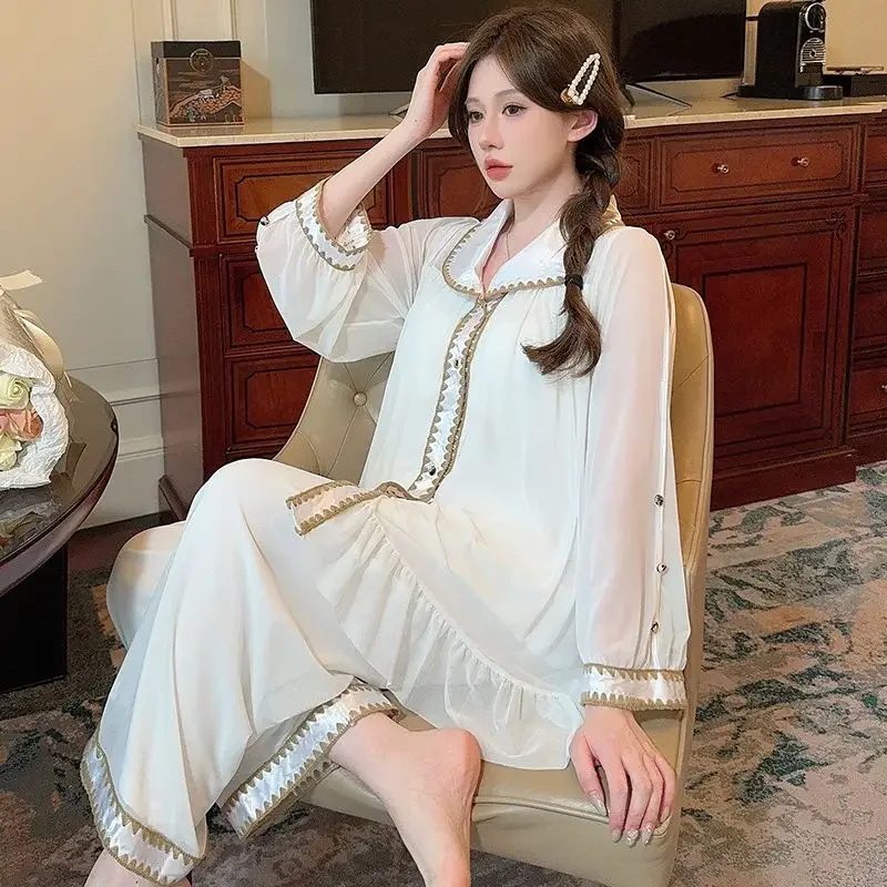 Long Sleeve Net Gauze Thin Home Wear Spring Lace Cardigan Princess Wind with Chest Pad Hollow Set Pajamas French Pajamas Women