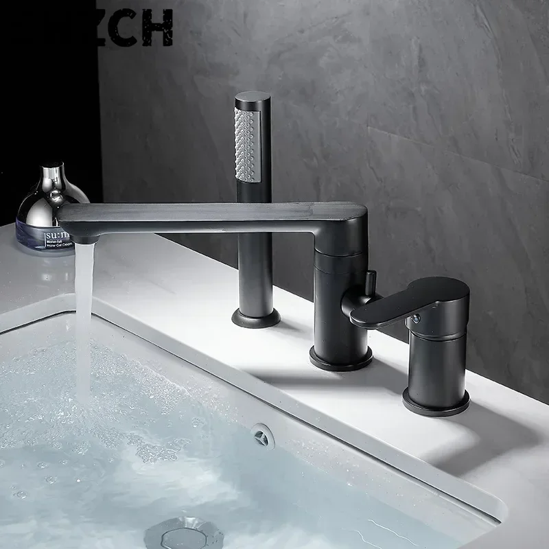 3-Hole Bathtub Faucet in Gold/Black/Chrome Widespread Basin Mixer with Hand Shower Head Hot & Cold Control Bathroom Faucet