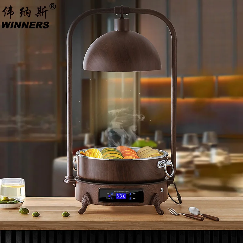 

WINNERS Commercial Wood Grain Stainless Steel Electric Food Warmer Lamp Double Heating Buffet Stove with Food Pan for Hotel