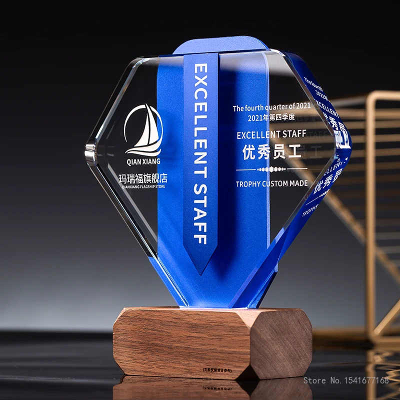 

Creative Crystal Trophy Outstanding Employee Annual Meeting Award Commemorative Home Decor High-end Wooden Base Metal Medal, 1Pc