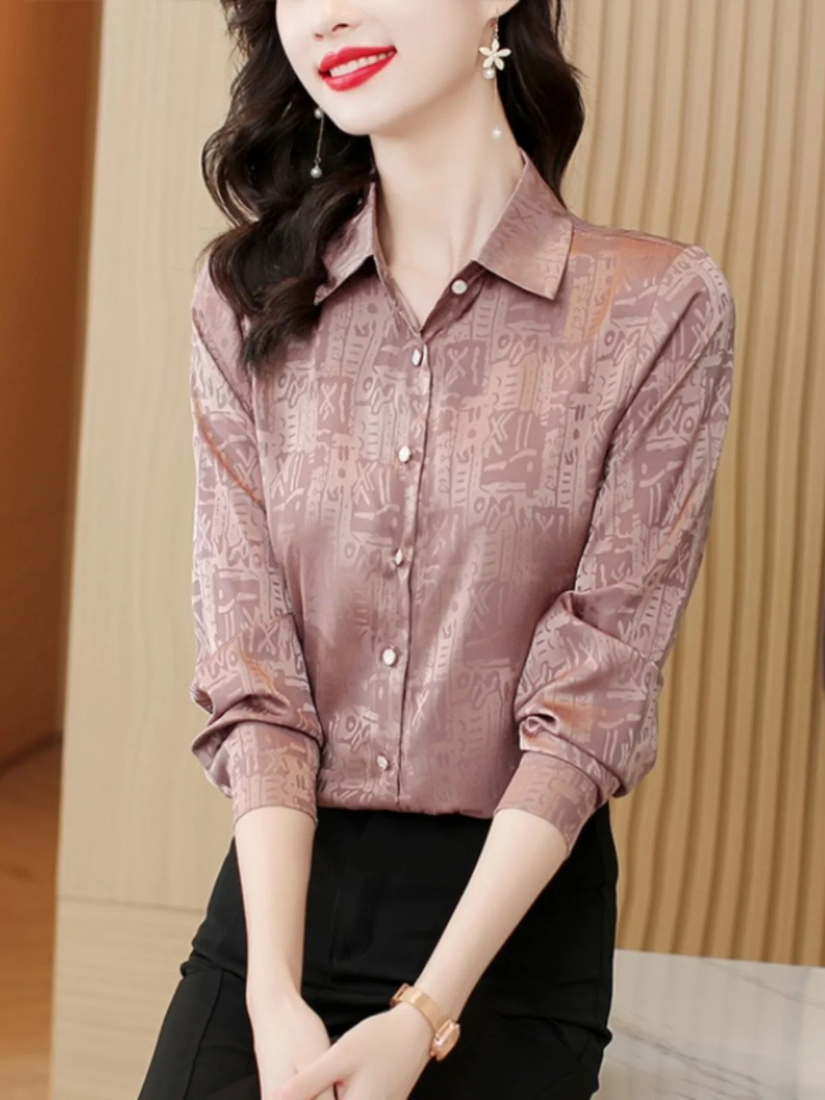 

Long Sve Silk Women's irt Spring 2024 New Sle Ele Lady High End Aosphere Ice Silk Dra Print Collar Butt...