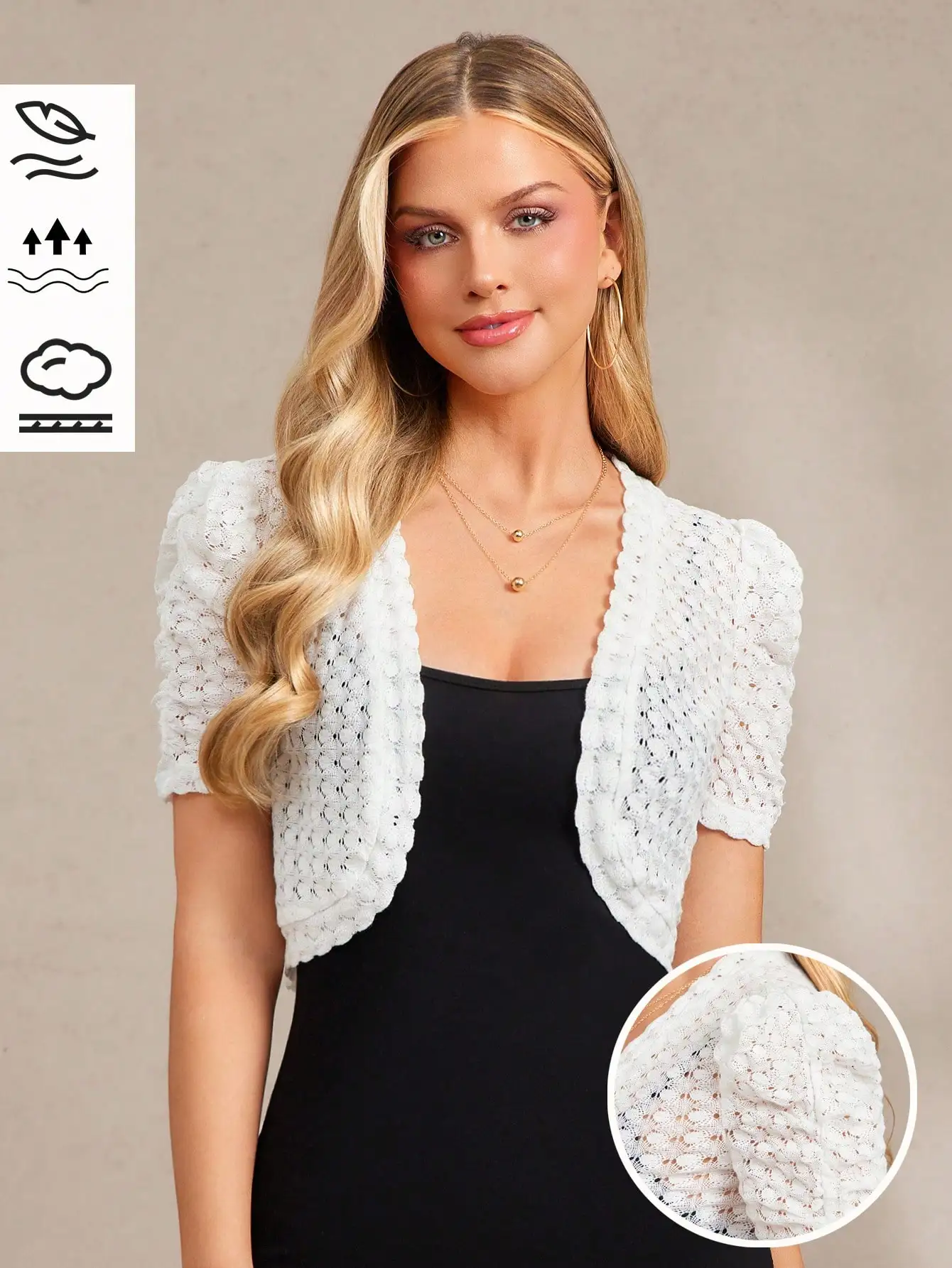 

Женский белый кружевной укороченный болеро-жакет с пышными рукавами для летнего и осеннего многослойного образа