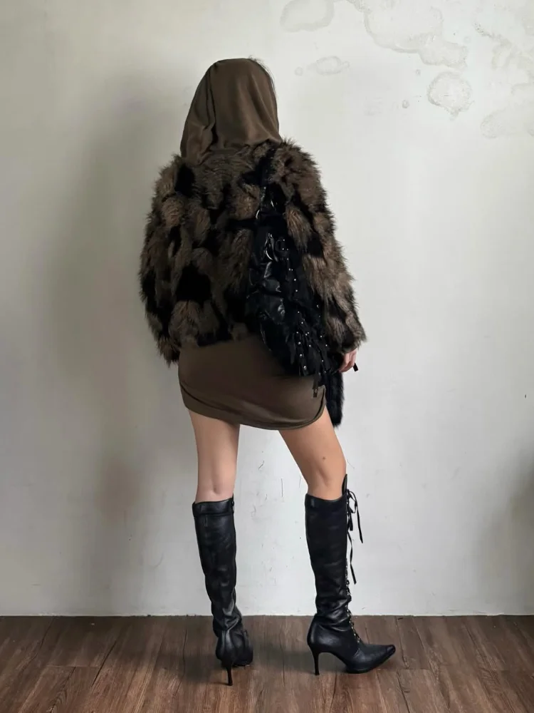 

Шикарное контрастное женское короткое пальто из искусственного меха с лацканами, пушистый теплый кардиган с длинными рукавами, женский 2022, осенне-зимняя модная женская верхняя одежда