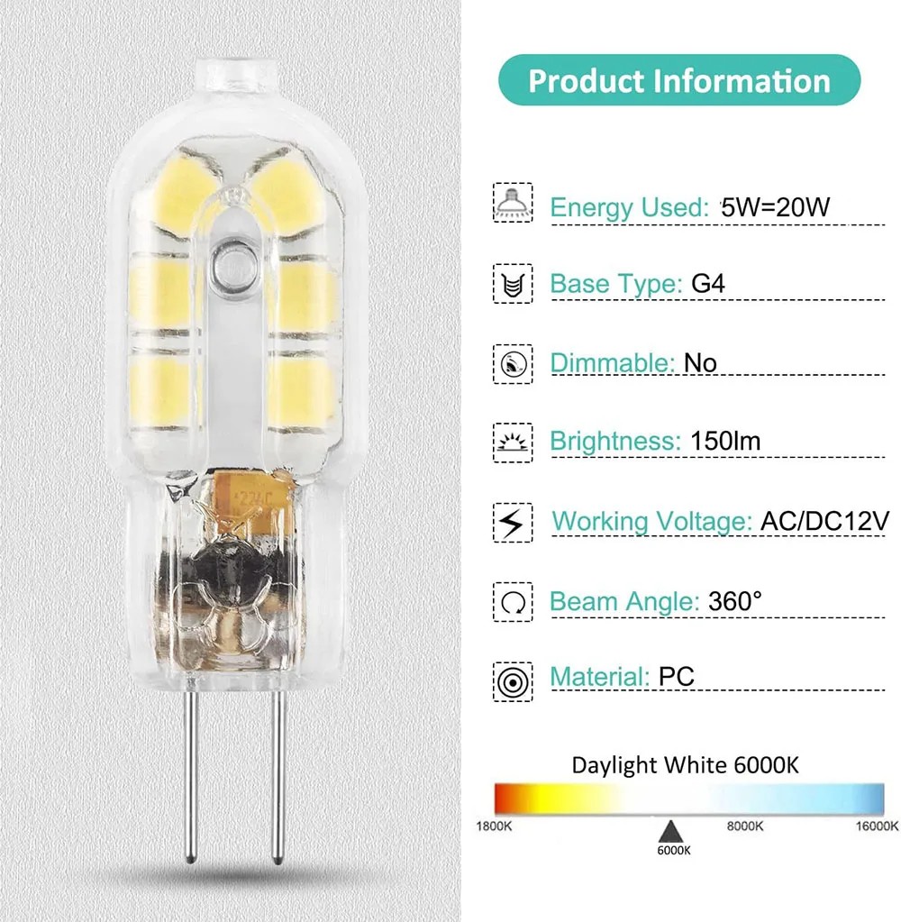 G4 LED Bulb 5W 12LEDs 12V 24V SMD2835 LED Lamp 360 Beam Angle Spotlight Chandelier Lighting Replace Halogen Lights