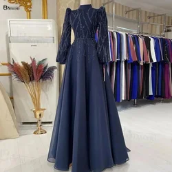 Navy Blue Long Sleeve Modest Evening Dresses High Neck Elegant Beaded Muslim Hijab Formal Party Dress For Women 2024 Real Photo