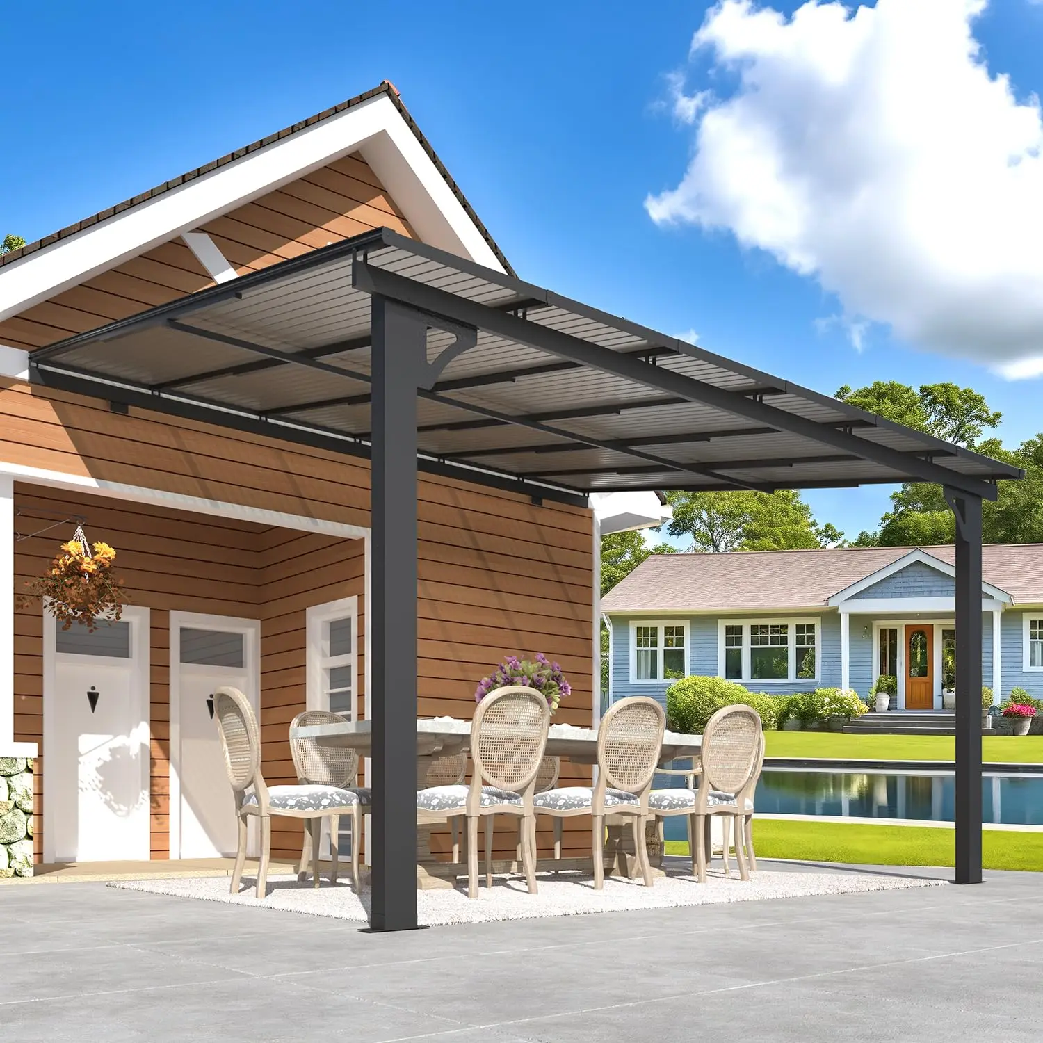 Adjustable Height 10x12ft Outdoor Lean to Gazebo for Patio, Wall-Mounted 6.5-9.8ft Hard Top Metal Awning Shelter, Customized