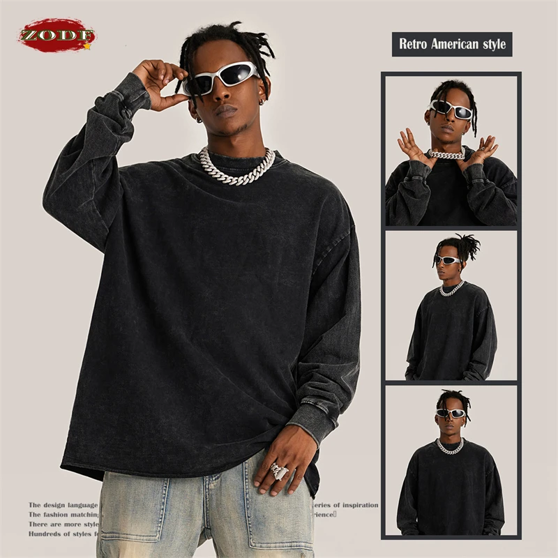 ZODF Retro 260gsm Washed Terry Cotton Long Sleeve T-Shirts For Men Unisex Oversized Loose Edge T Shirt Brand Streetwears HY0454