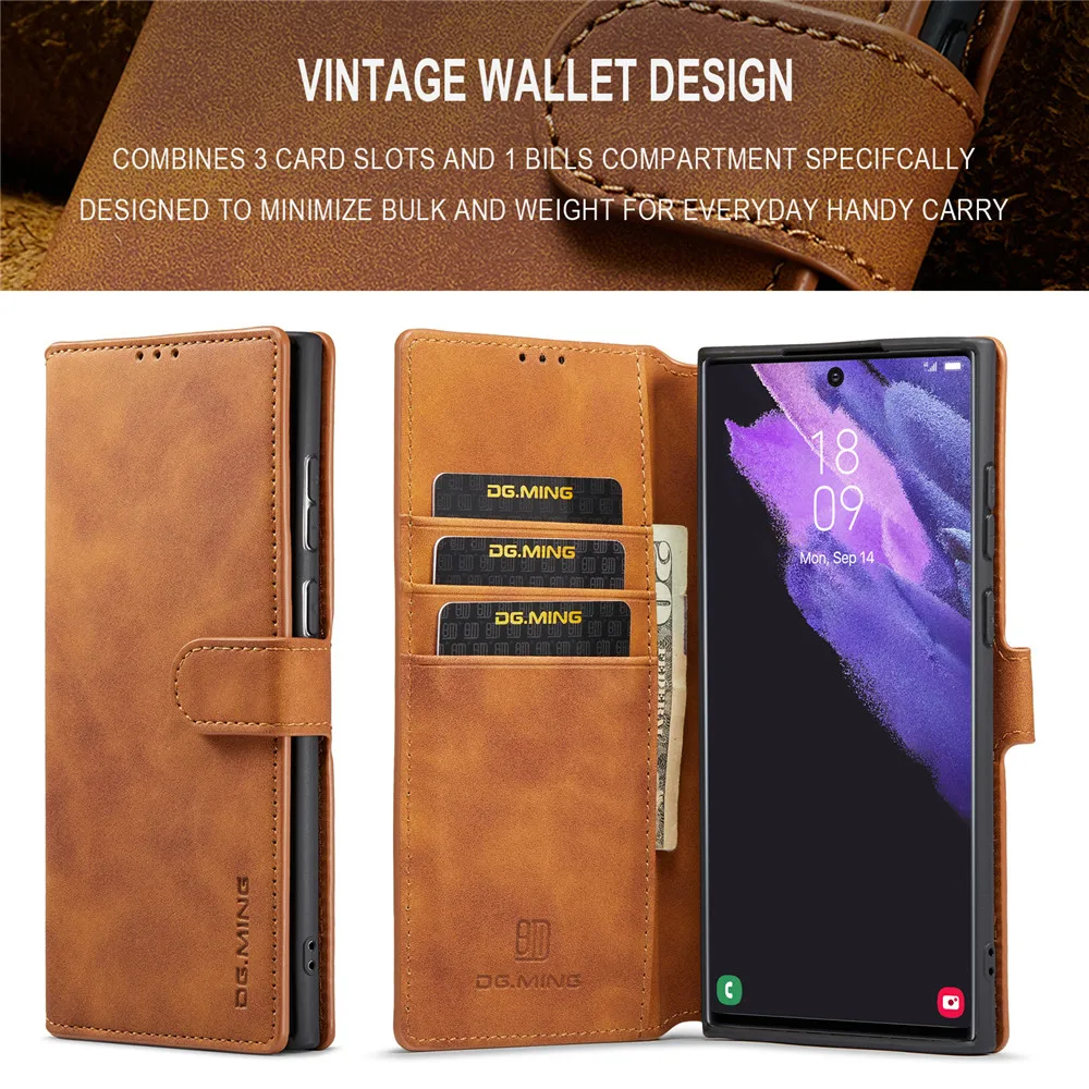 For Samsung Galaxy S23 Ultra DG.MING Retro Plain Flip Leather Card Pockets Wallet Case Cover