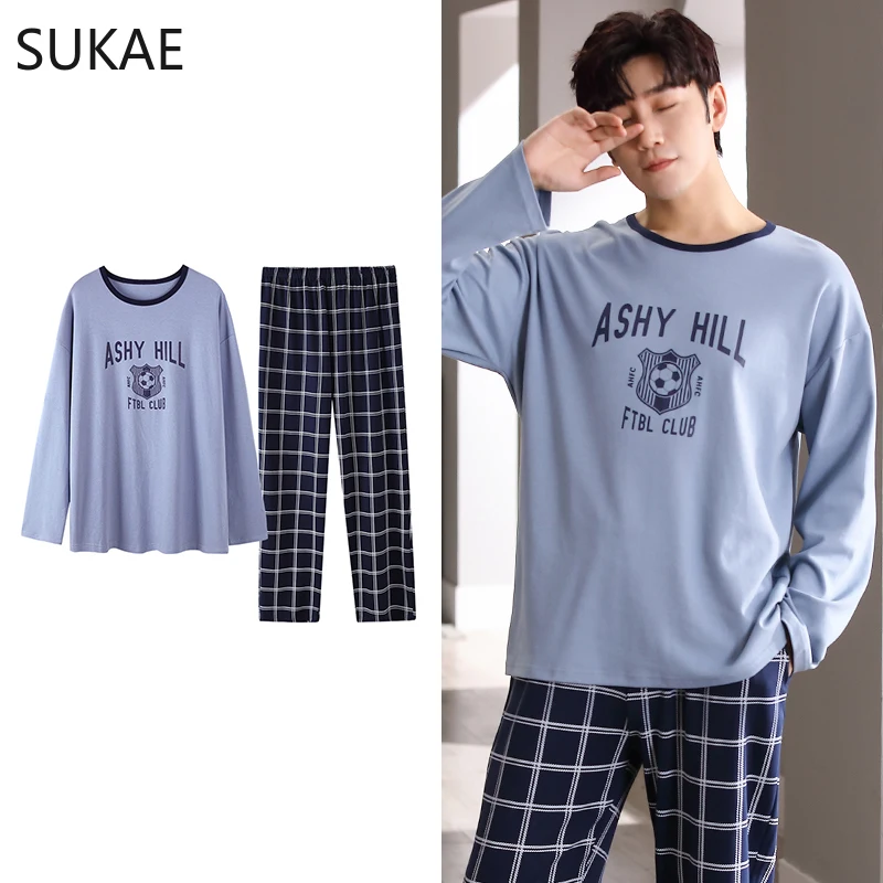 

SUKAE Soccer Print Men L-4XL Big Minimalist Pijama Sleepwear Autumn Winter New Cotton Man Pajama Long Sleeves Homewear Gentleman