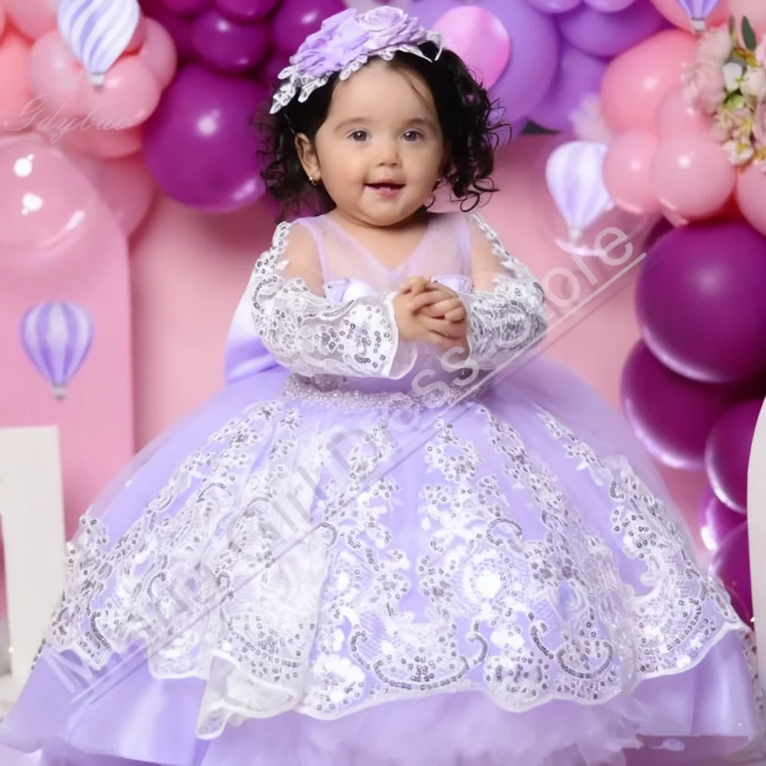 Adorable Flower Girl Dress with Sequin Floral Appliqués Long Sleeves with a Bow Suitable for Weddings Birthday Parties