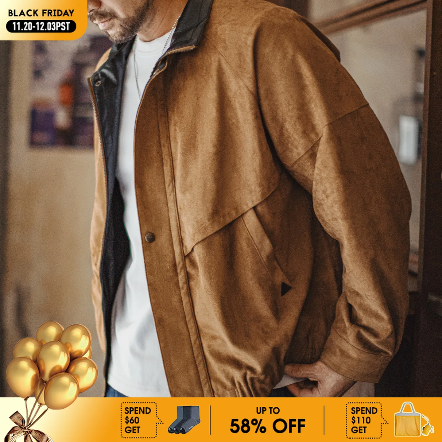 

Maden мужская винтажная замшевая короткая куртка сафари с воротником-стойкой, ветрозащитное теплое пальто для осенне-зимней уличной одежды