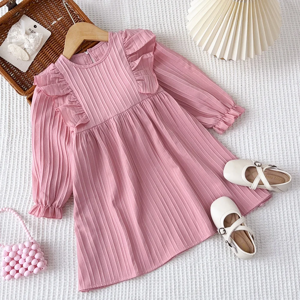 Autumn Kids Dresses for Girls Round Neck Long Sleeved Pleated Edge Solid Color Dress Kids Clothes Children\'s Daily Casual Wear