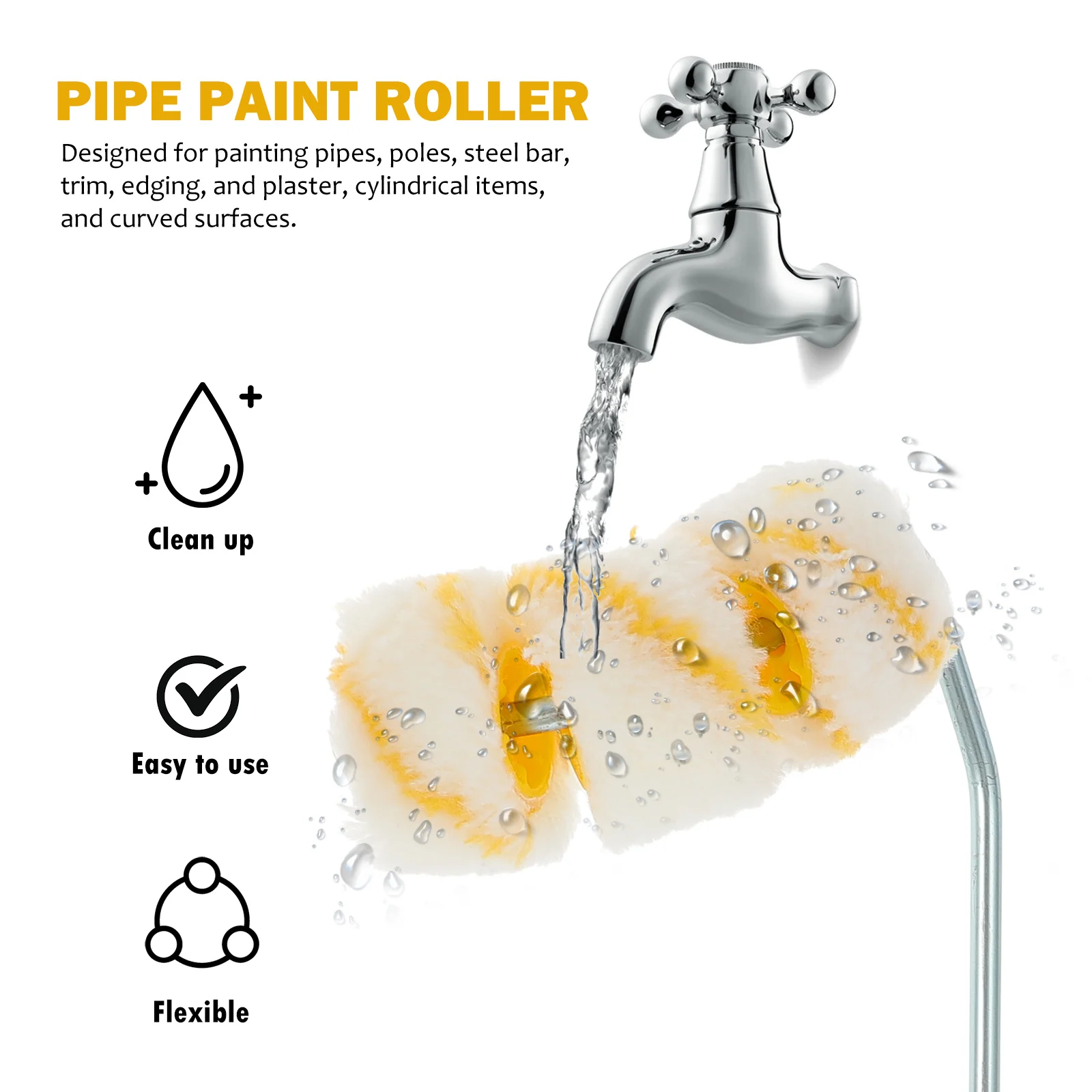 Pipe Paint Roller Curved Duct Brush Tubular Arc Painting White Refill Smooth Surface Home Essentials Plastic Iron Material No