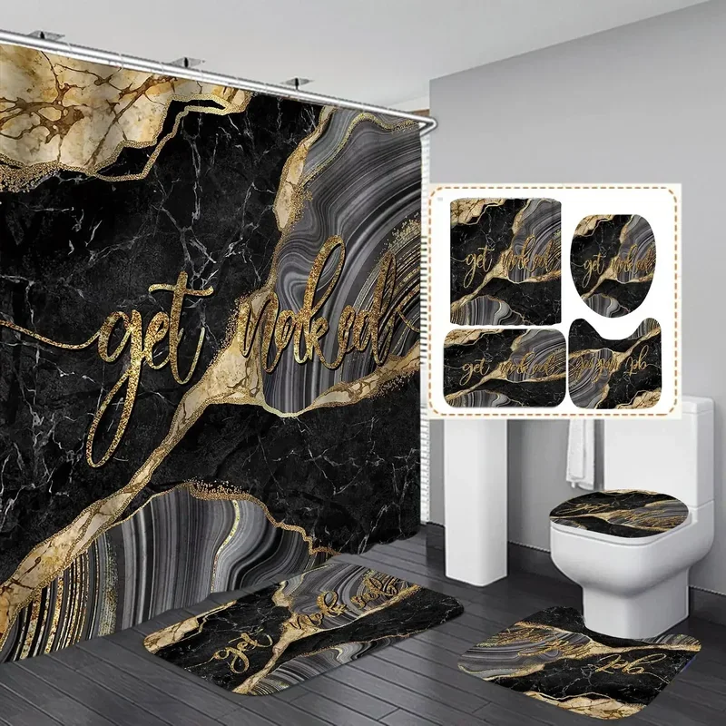 Black Gold Marble Shower Curtain Set Bath Mats Rugs Crack Ink Texture Luxury Abstract Decorative Stone Print Bathroom Curtains