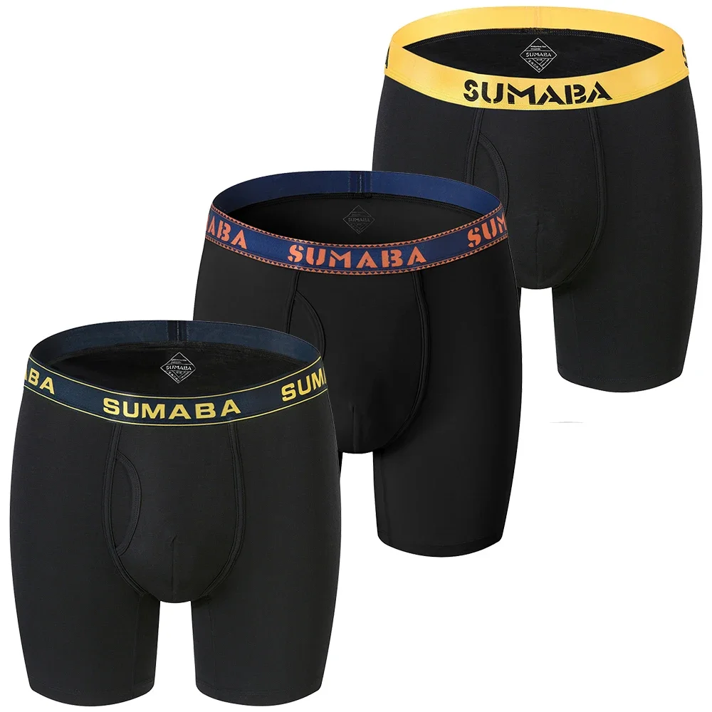 Jinsh 3 Pack Men's Long Leg Boxer Briefs No Ride Up Bamboo Breathable Open Fly Underwear