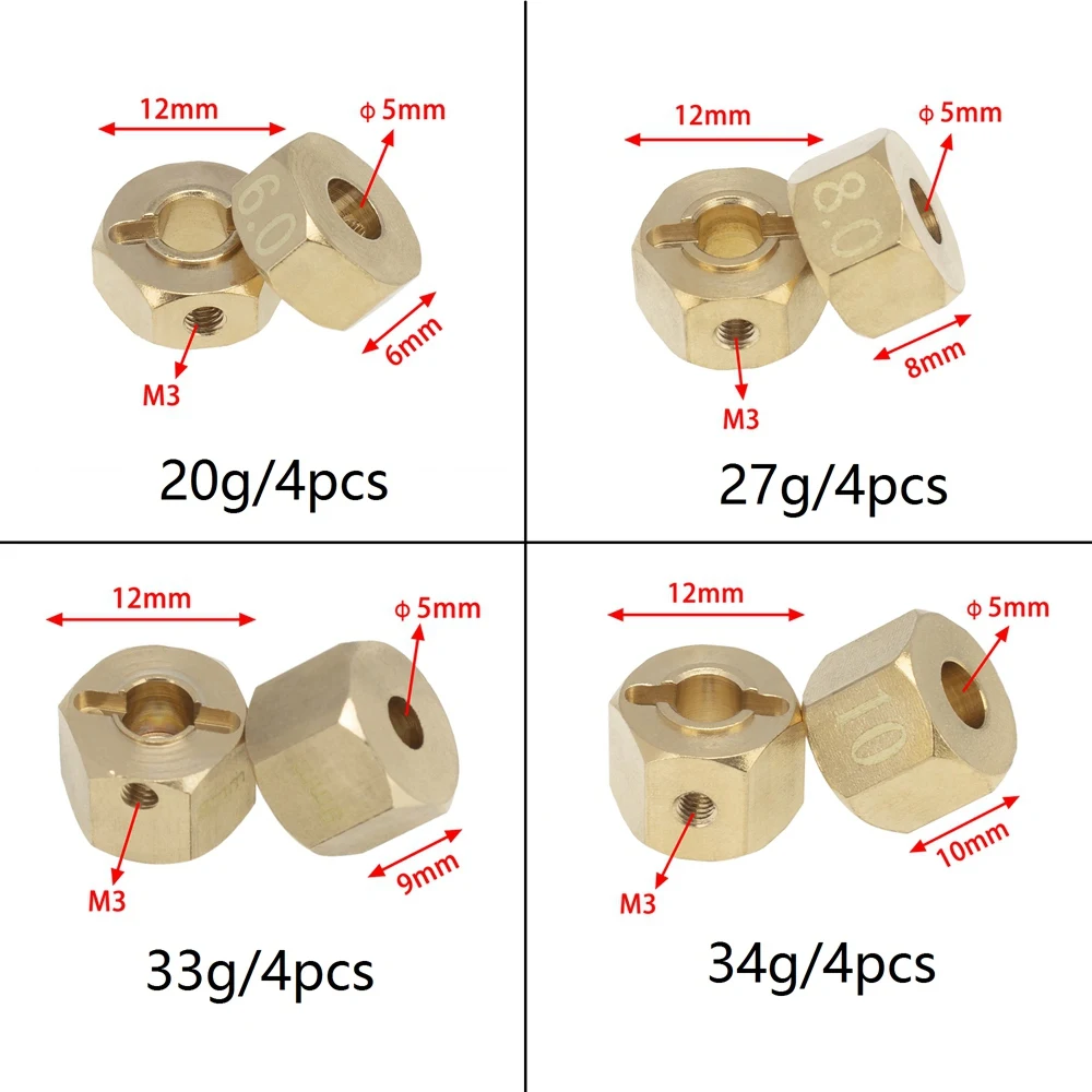 Brass 12Mm Hex Wheel Hub Extended Adapter for Axial SCX10 III CC01 WRAITH RR10 Redcat GEN8 1/10 RC Crawler Car,8Mm