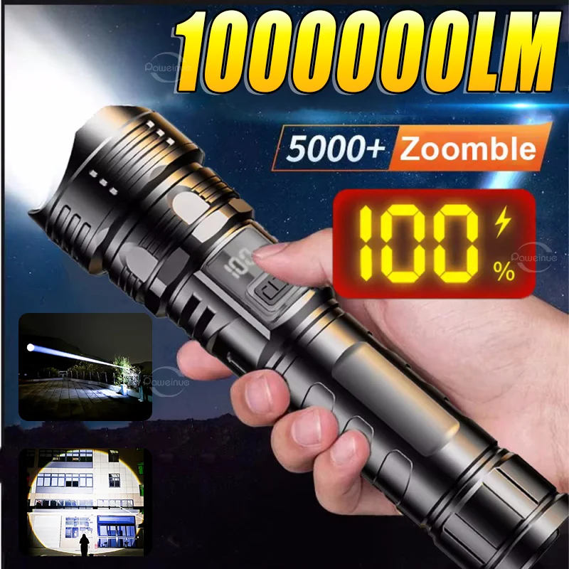 ABS 100000LM yüksek güç LED el feneri lamba dahili 3600mAh pil şarj edilebilir LED el fenerleri 1000M Zoom kamp feneri