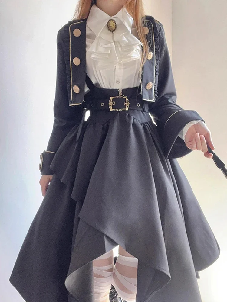 

Dark Gothic Women's Halloween Costume Lolita Set Academy Style Lolita Coat Strap Dress