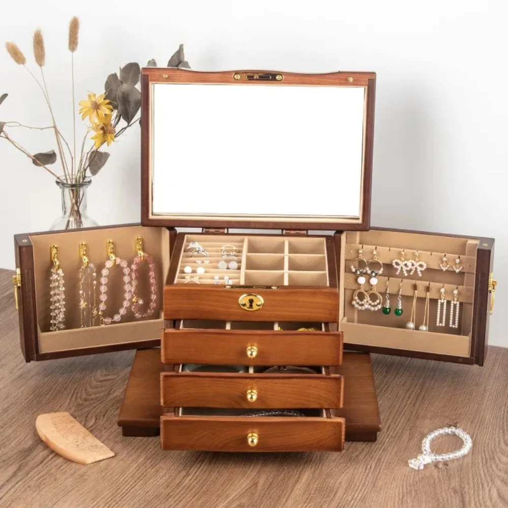 Wooden Jewelry Box Organizer Storage Luxury Multi Functional Jewelry Box with Lock Retro Drawer Style Display Packaging Supplies