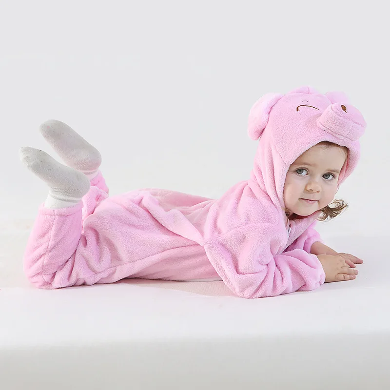 Pajamas Spring and Winter Animal Cartoon Children\'s One-piece Climbing Suit Powder Pig Warm Home Clothing Can Be Worn Outside