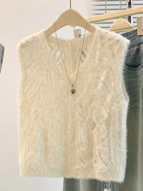 Simple Stylish Hollow out Knitted Vest Women's Fashion City Commute Autumn New Arrival Matching  Color Base Layer Top