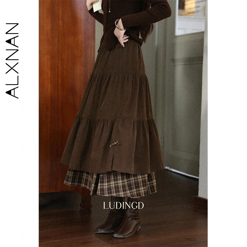 ALXNAN براون منقوشة المرقعة تنورة الخريف طويلة ألف خط المرأة كعكة التنانير موضة خمر مرونة الخصر القوس شق الملابس L57227