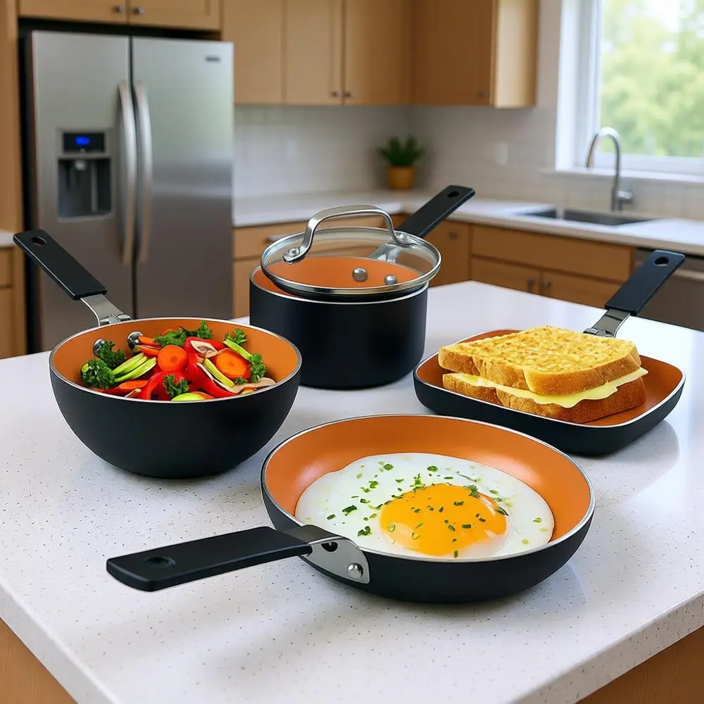 

Набор посуды из 5 предметов с антипригарным покрытием: сковорода, сотейник, вок и сковорода-гриль/плитка для легкого хранения и использования в посудомоечной машине