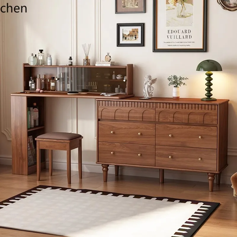 HT Solid Wood Dressing Table and Chest of Drawers Integrated Bedroom Simple Vintage Extendable Corner Makeup Table New Model