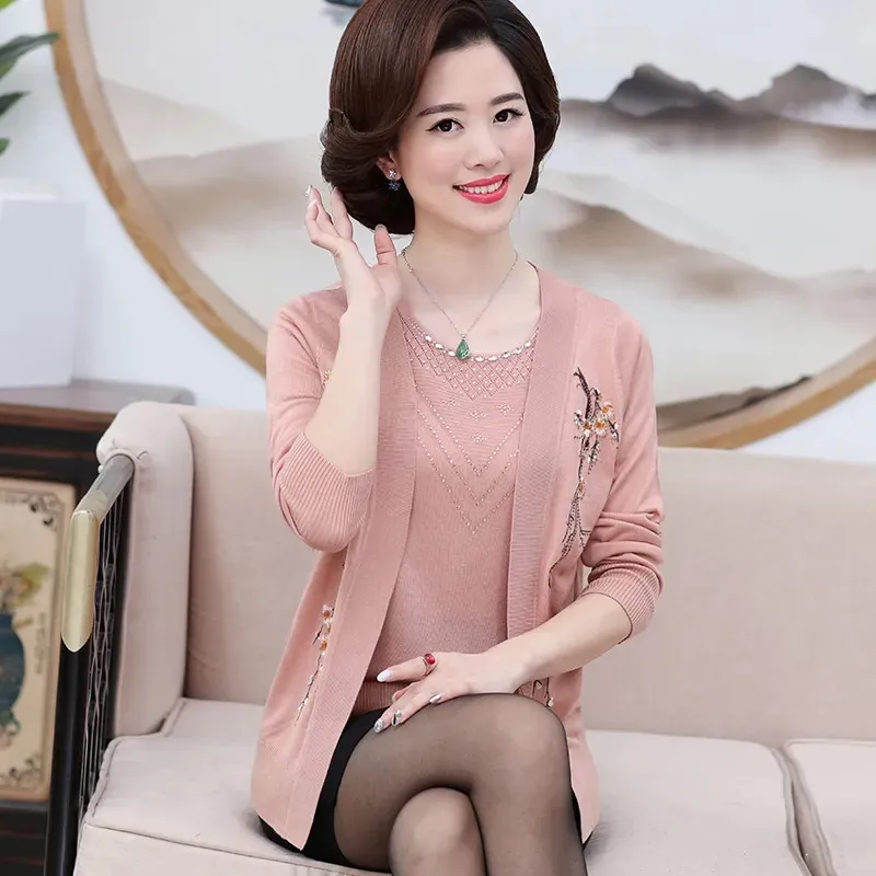 2024 NEW Middle Aged Elderly Women's Spring Summer Autumn Suit Fashion Knitted Cardigan Coat +TShirt Top 2 Pce + Pants 3 Pce Set