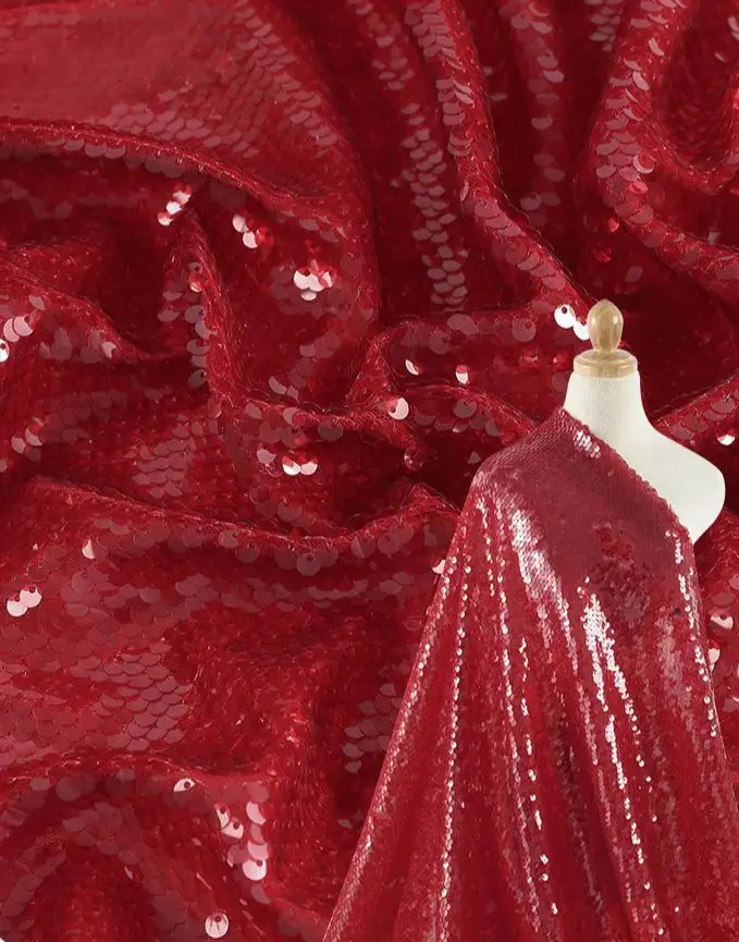 

New Red Sequin Embroidered Fabric for Wedding Dresses, Party Dresses, Children's Clothing, and Stage Costumes