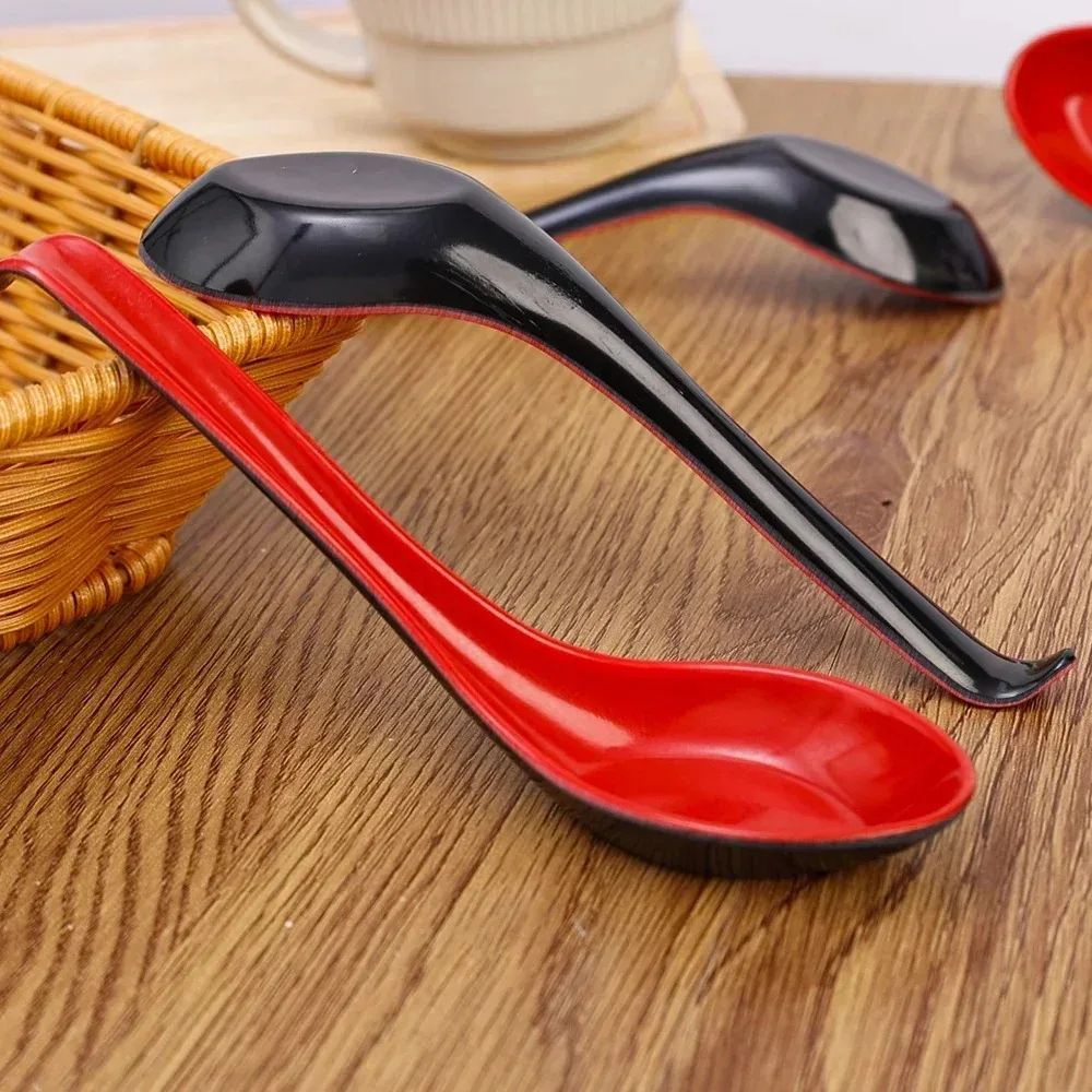 20/1PCS Red Black Soup Spoons Melamine Anti-Shock Plastic Spoon with Hook Dumplings Porridge Dinner Cutlery Restaurant Utensils