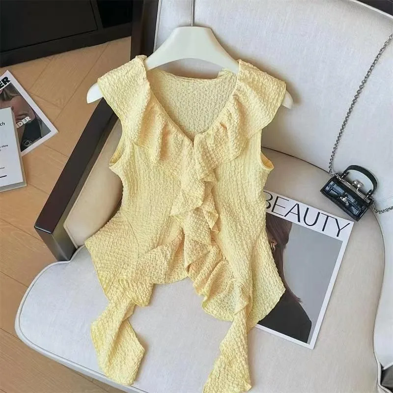 Women's 2026 Summer New French Ruffle Sleeveless Vest Cardigan Asymmetric Fishtail Ribbon Tie Slim Fit Chic Y2K Korean Going Out
