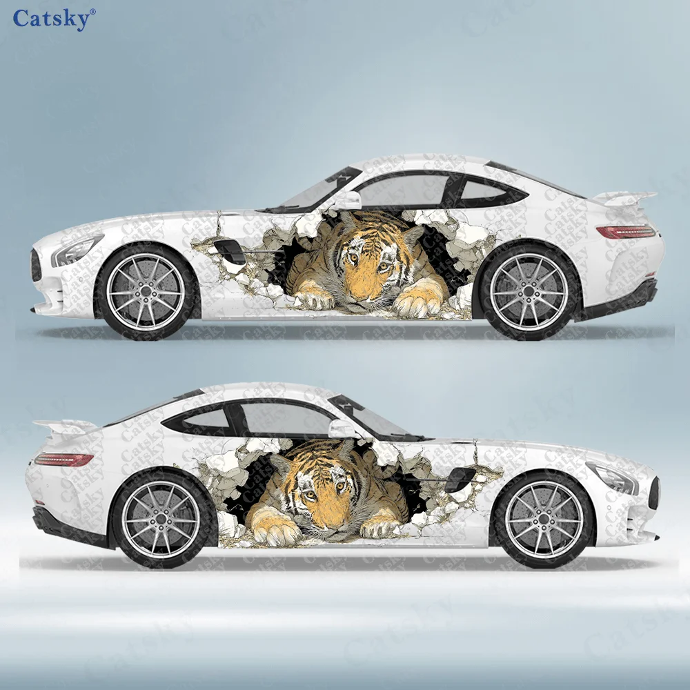 

2pcs Tiger in Jungle Crack Car Side Wraps, Self-Adhesive PVC Waterproof & Scratch-Resistant Stickers, Car Accessory Gift