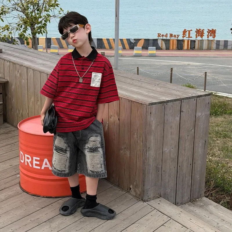 

Boys Korean Version Striped Polo Collar Cotton T-shirt 2026 Summer New Children's Casual Versatile Short-sleeved Tide