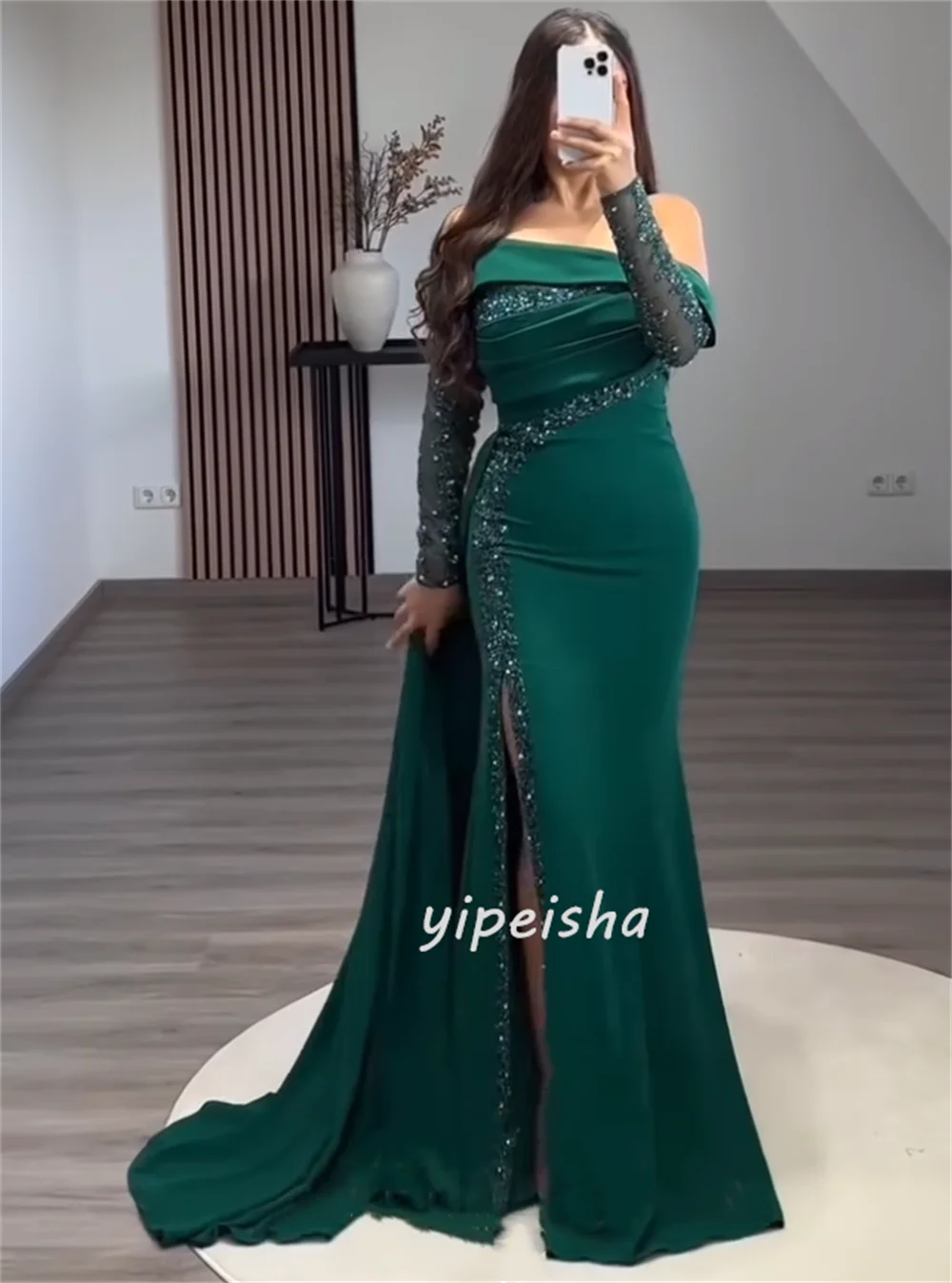 Gaun Panjang Model Mermaid Off-the-shoulder Berkualitas Tinggi dengan Hiasan Rhinestone dan Beading Klasik, Gaun Acara Khusus yang Dipesan Sesuai Pesanan, Gaun Formal
