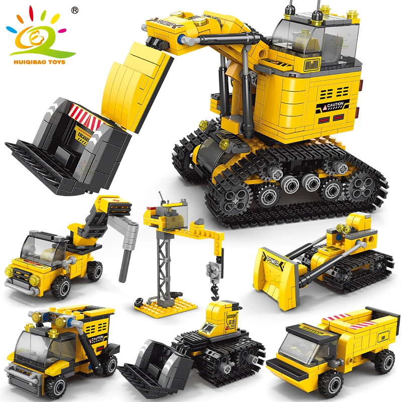 HUIQIBAO 535pcs 6in1 Engineering Truck Building Blocks City Construction Bulldozer Crane Car Bricks Set For Children TOYS Kids