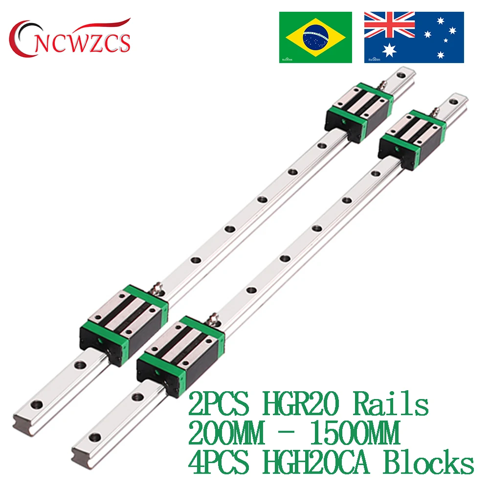 2pcs HGR20 Square Linear Guide Rail + 4pc HGH20CA block 200mm 300mm 400mm 500mm 600mm 800mm 1000mm 1200mm 1500mm for CNC Engrave