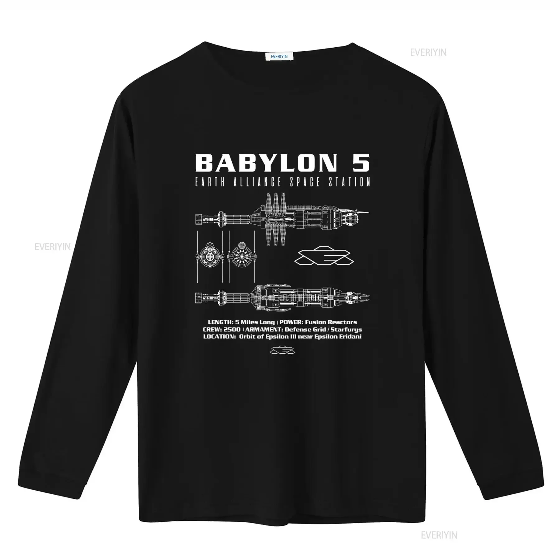 Babylon 5 Earth Alliance Space Station Schematic T shirt Vintage Trend Hip Hop Comfortable vintage Washed Versatile fashion