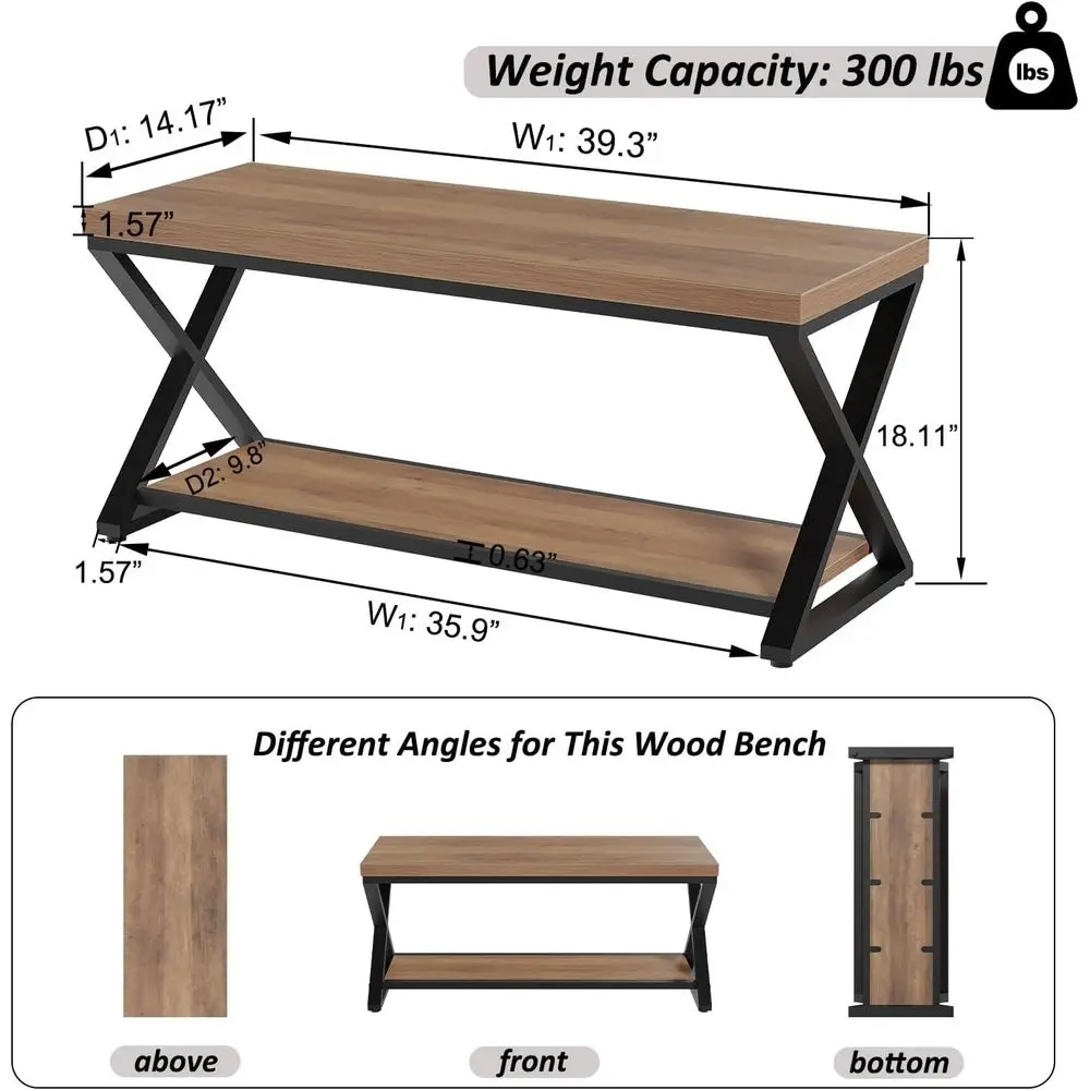 Banco de Entrada Estilo Industrial em Carvalho com Armazenamento para Sapatos, 39 Polegadas de Comprimento para Hall de Entrada