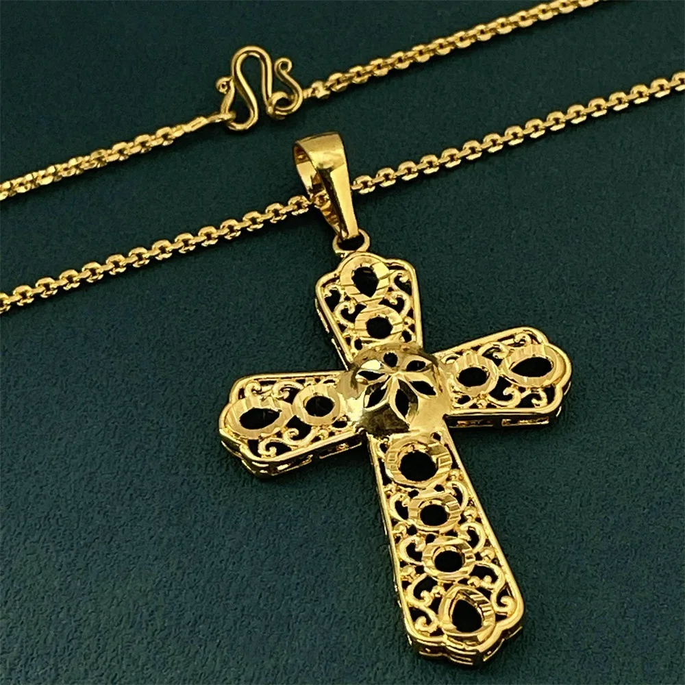 Luxury 24K 9999 Pure Gold real gold Women's Hollow Cross Pendant Box Necklace